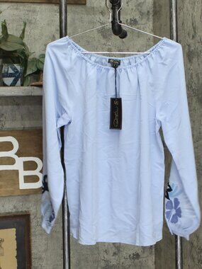 Dg2 Light Blue Embroidered Sleeve Off The Shoulder Pheasant Top Light Sz S